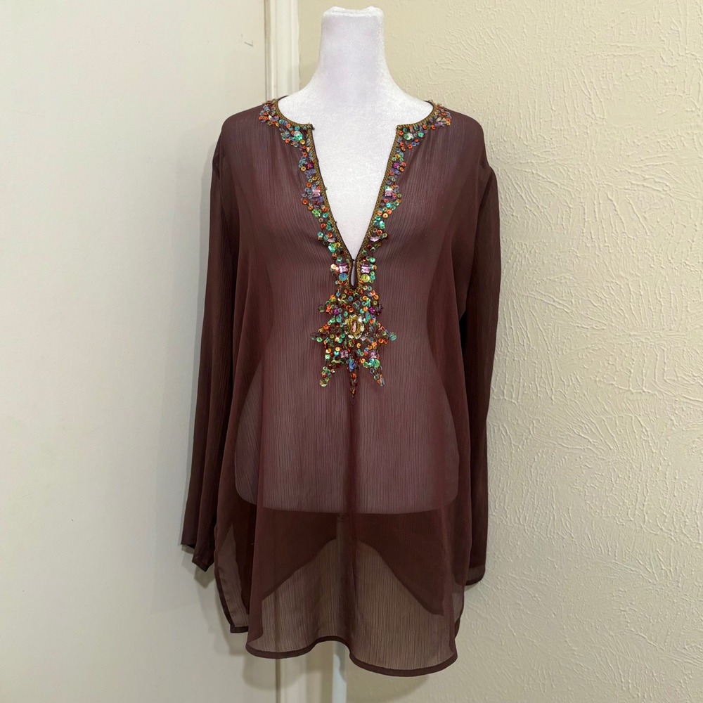 Brown Sheer Chiffon Rainbow Sequin Tunic Top Fairy Whimsical Boho Celestial Sz L